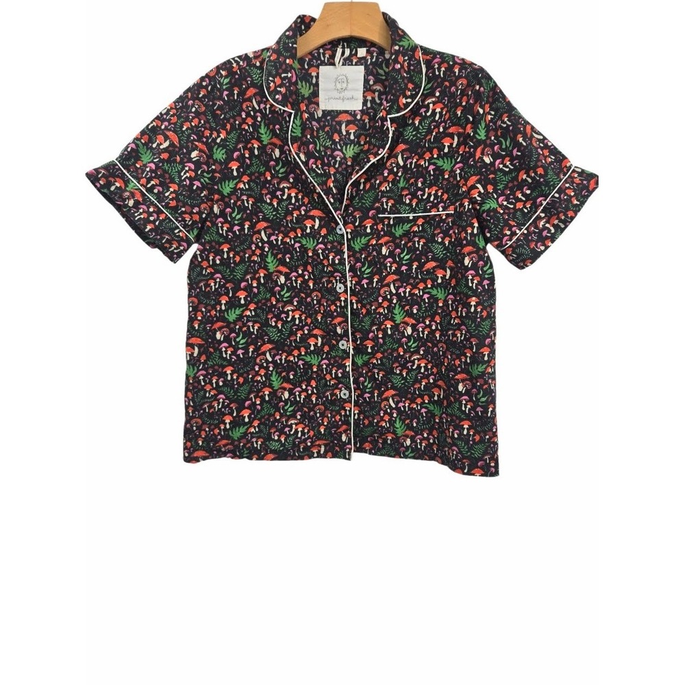 Printfresh Pajama Shirt Small Organic Cotton Black Mushroom Print Short Sleeve